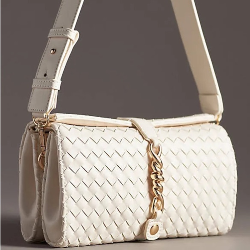 Anthropologie Cream Quilted Shoulder Bag with Gold Accents